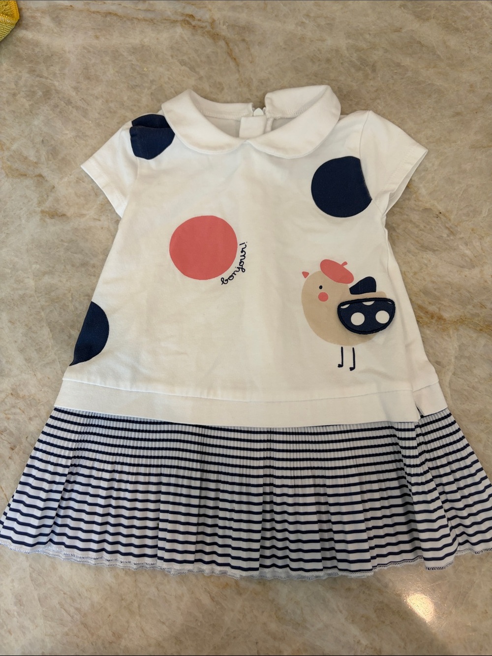 Mayoral White Dress with Navy Polka Dots and Pink Accent